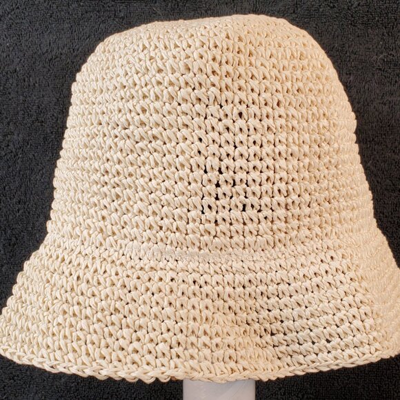 Foldable Beige Straw Bucket Hat w/ Floral Design. - Picture 3 of 5